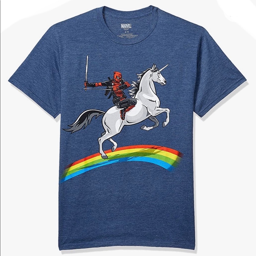 Marvel Unisex-Adult Deadpool Riding a Unicorn on a Rainbow T-Shirt Sz L
